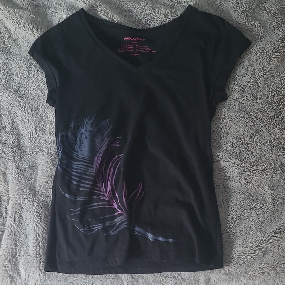 Black V-Neck Top with Purple Feather Design
